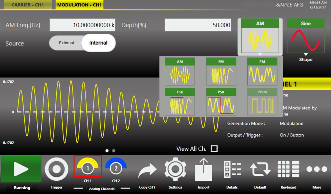 Modulation tab of the Simple AFG application showing a modulated carrier.