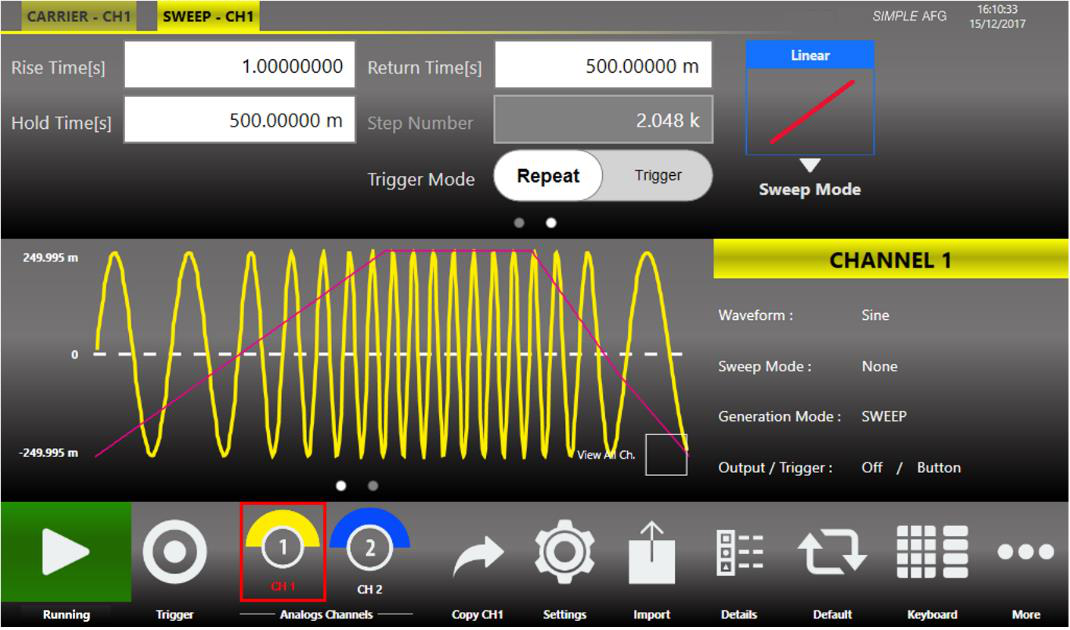 Sweep tab of the Simple AFG application showing the sweep parameters and a swept waveform.