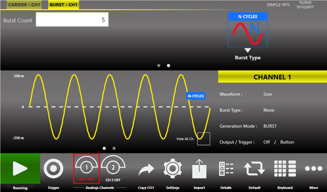 Burst tab of the Simple AFG application with a sine carrier.