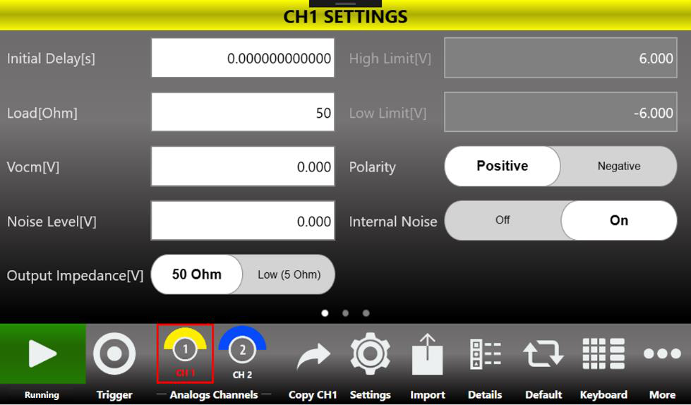 CH1 Settings page of the Simple AFG application listing the channel parameters.