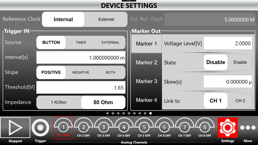 Device Settings page of the Simple AFG application for the two-channel model.