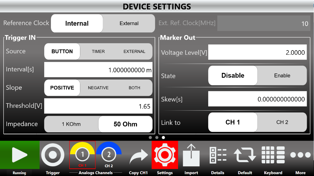 Device Settings page of the Simple AFG application for the eight-channel model.