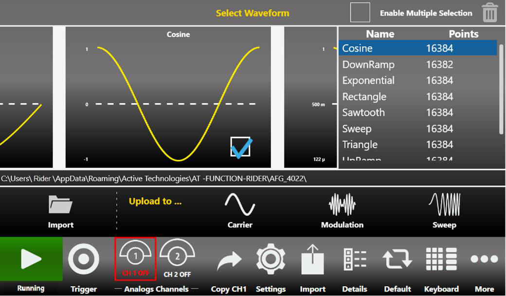 Import from File page of the Simple AFG application with the Graph Area, Waveform List, and Button Area.