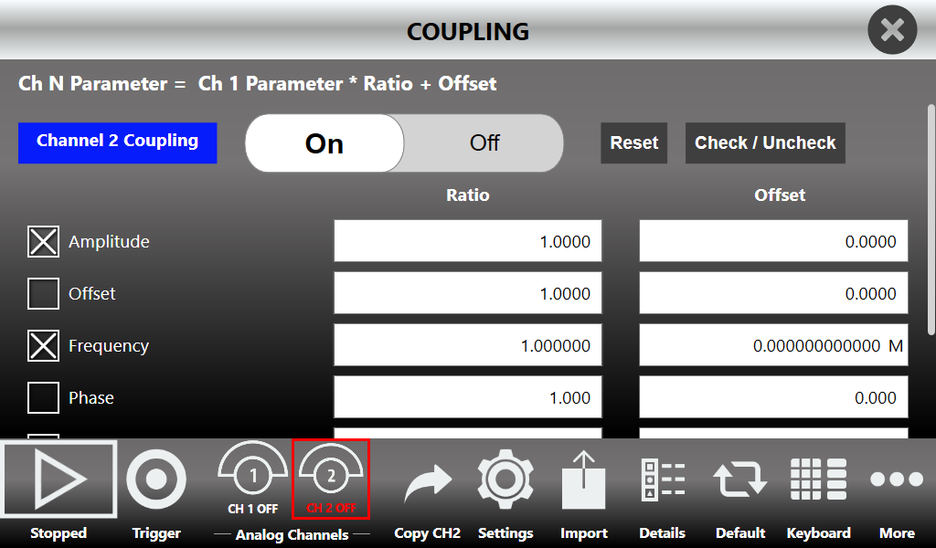 Channel Coupling page of the Simple AFG application with the per-parameter Ratio and Offset.