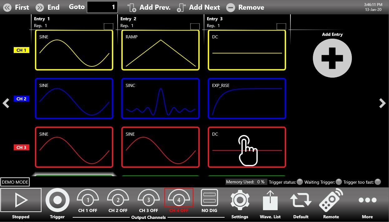 Multiple channels view showing several channel waveforms across sequencer entries