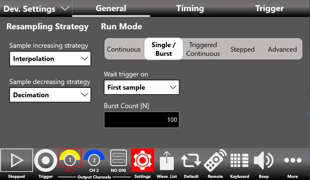 Device Settings General page showing Run Mode selection