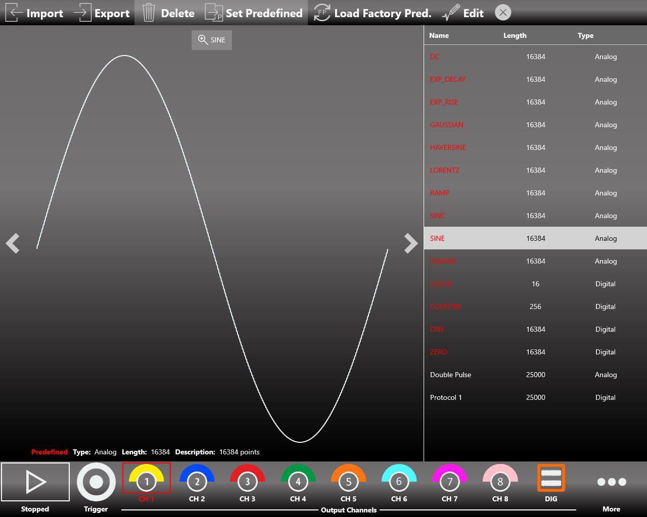 Waveform List page showing predefined and imported waveforms