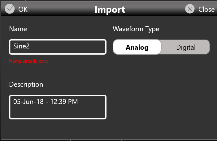 Import waveform dialog with Name, Description and Waveform Type fields