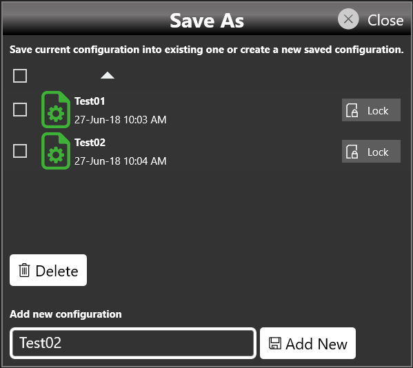 Save As dialog box for saving a configuration