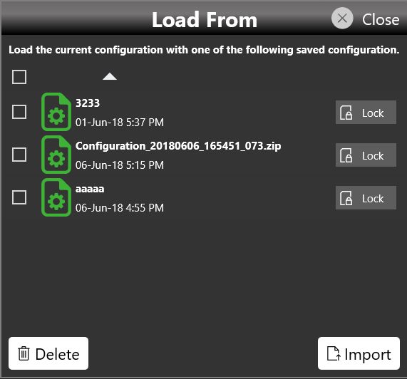 Load From page showing the list of saved and imported configurations