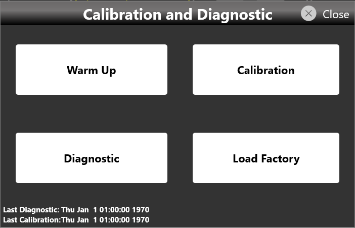 Calibration and Diagnostic page with Warm Up, Calibration, Diagnostic and Load Factory buttons