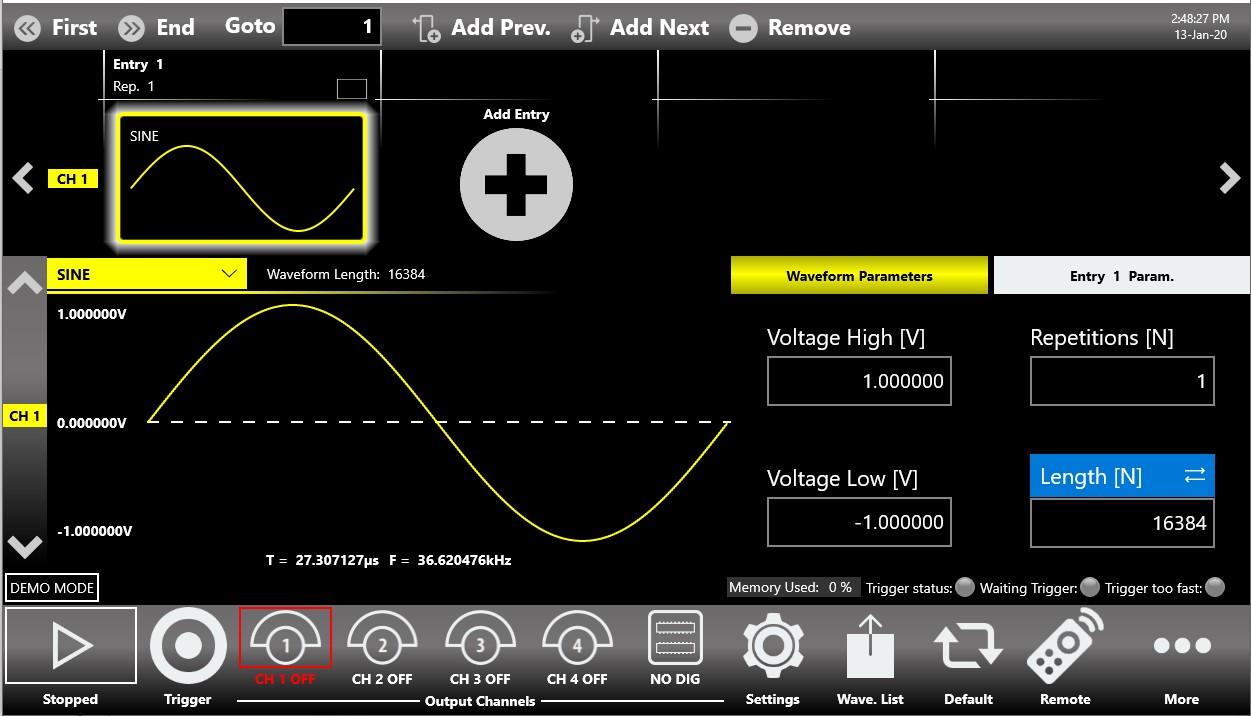 Simple TrueArb quick start screen with the sequencer and a single sine entry