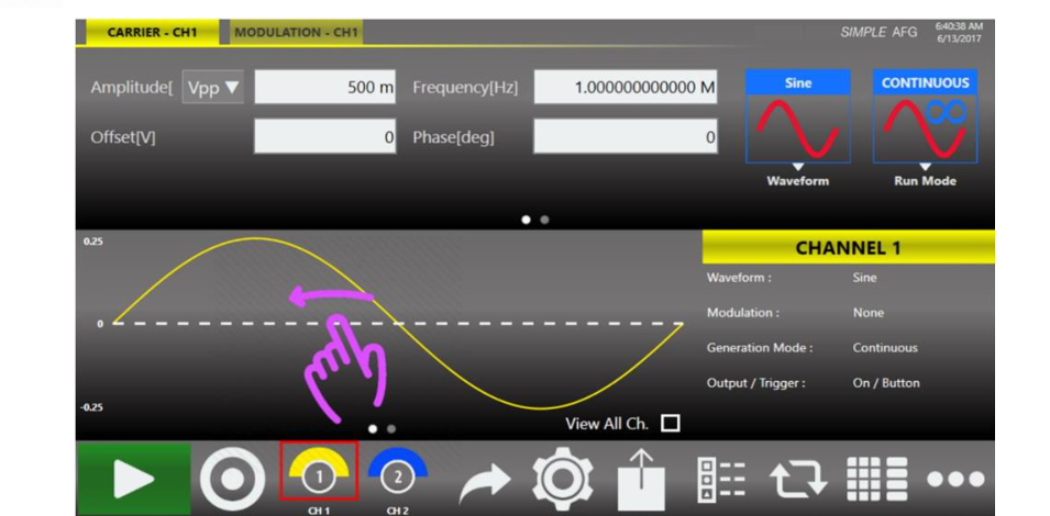Swipe gesture on the Graph Area switching output channel