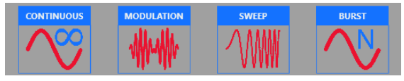 Run Mode selector showing Continuous, Modulation, Sweep, and Burst