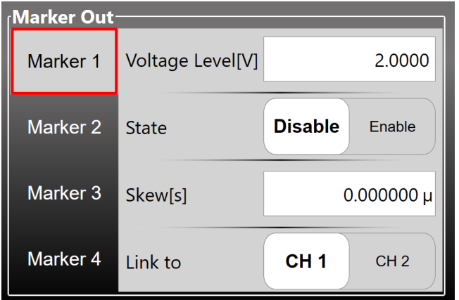 Marker Out settings of the Simple AFG application, eight-channel model.