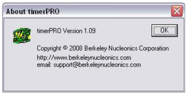 About timerPRO dialog showing the software version number