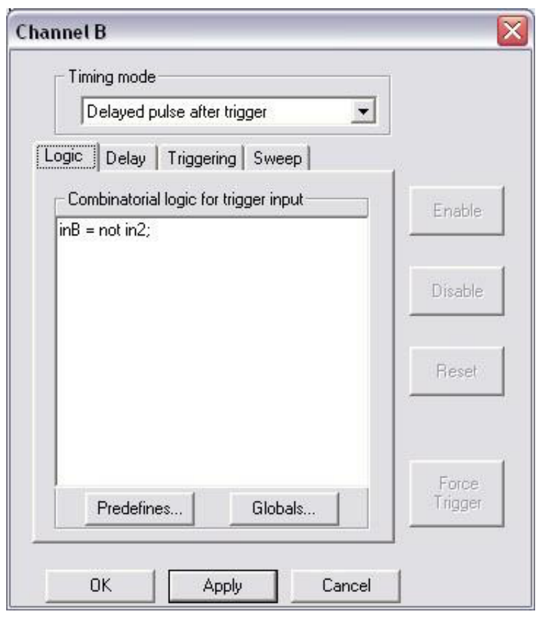 Channel Settings screen with tabs for timing mode, properties, and logic