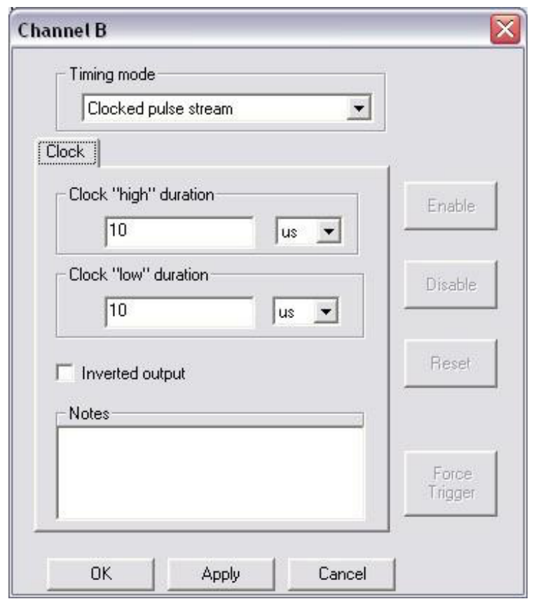 Clocked Pulse Stream mode properties tab with clock high and low duration