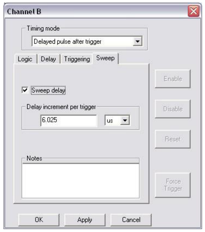 Delayed Pulse After Trigger Sweep tab with Sweep delay and delay increment per trigger