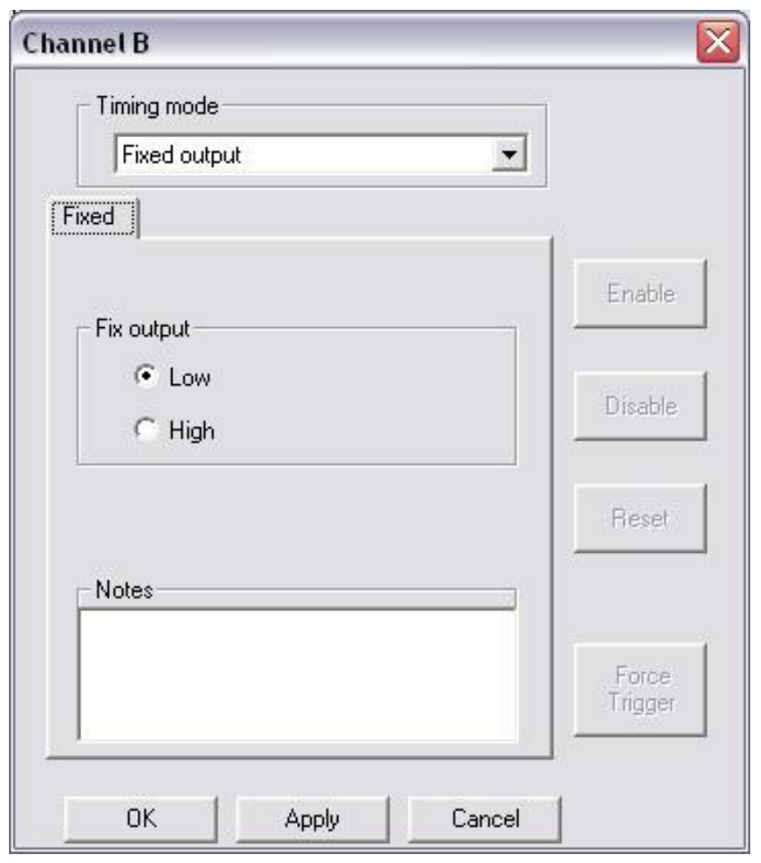 Fixed Output mode properties tab with Low and High output state selection