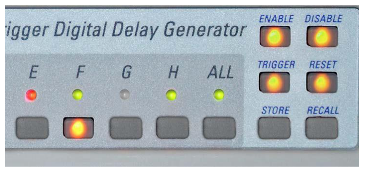 Front panel with the F channel button pressed and the four function buttons lit yellow
