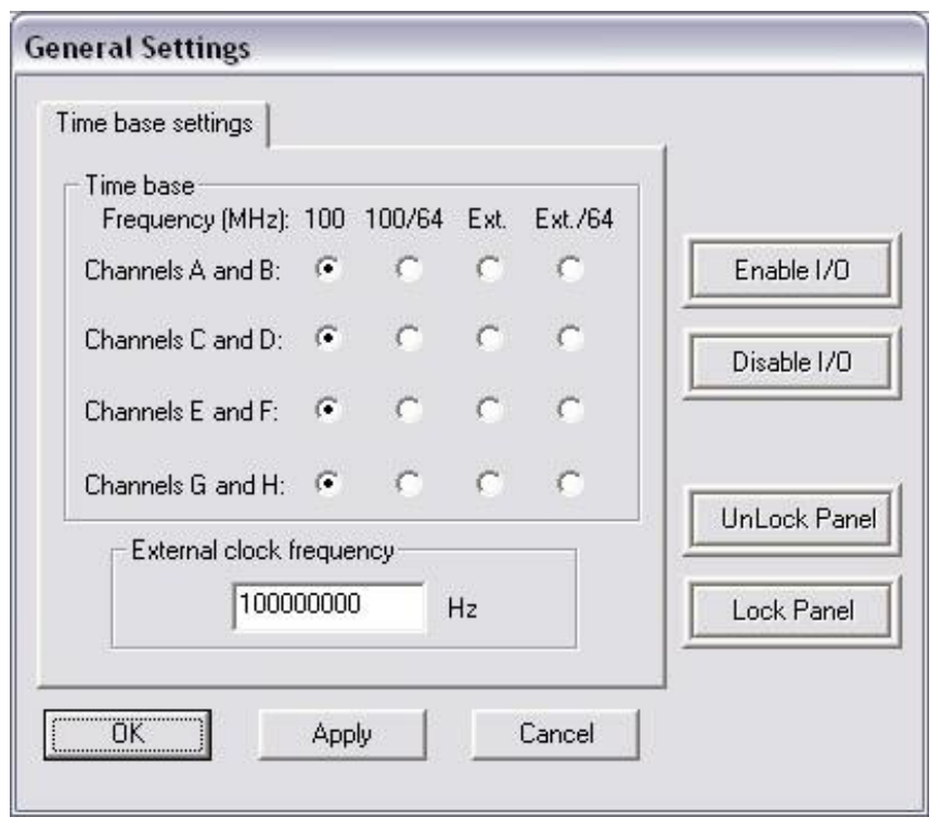 timerPRO General Settings screen with tabs for disable/enable I/O, lock panel, and time base
