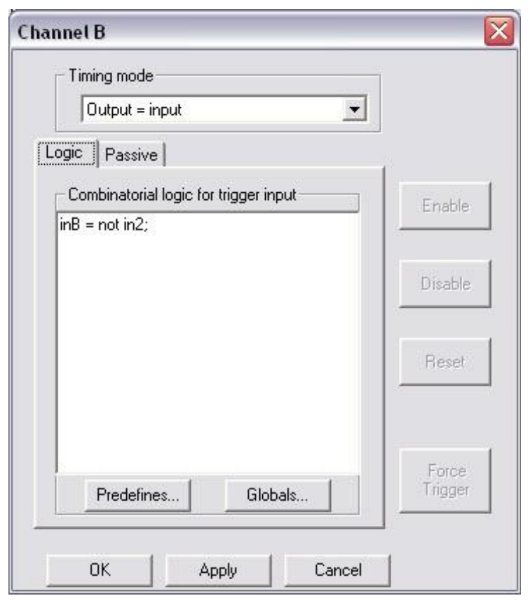 Passive mode (Output = Input) properties tab