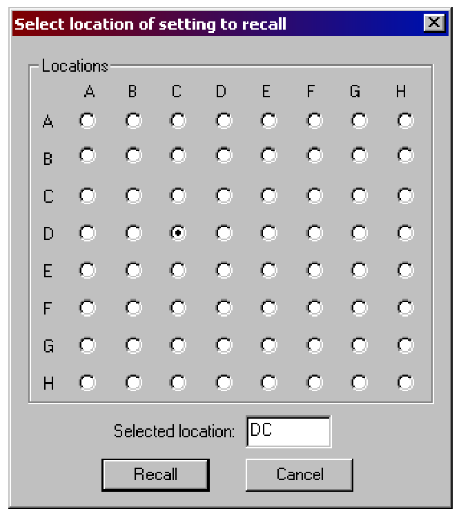 Select location of setting to recall dialog showing an 8 by 8 grid of profile locations