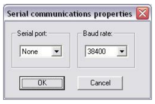 Serial Communications Properties screen for selecting the Com port and baud rate