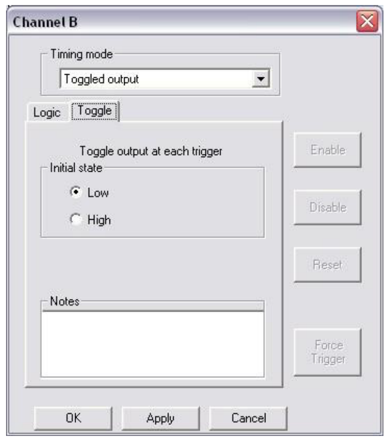 Toggled Output mode properties with initial state selection