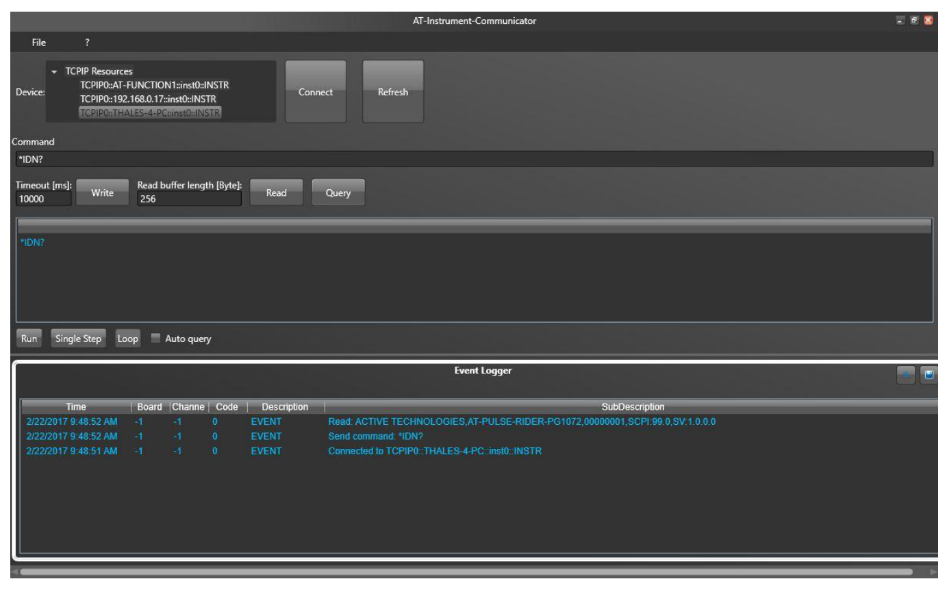 AT-Instrument-Communicator with *IDN? query and Event Logger response