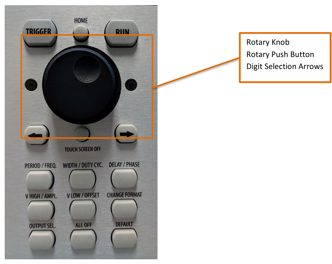 Model 765 front-panel rotary knob, push button and digit-selection arrows