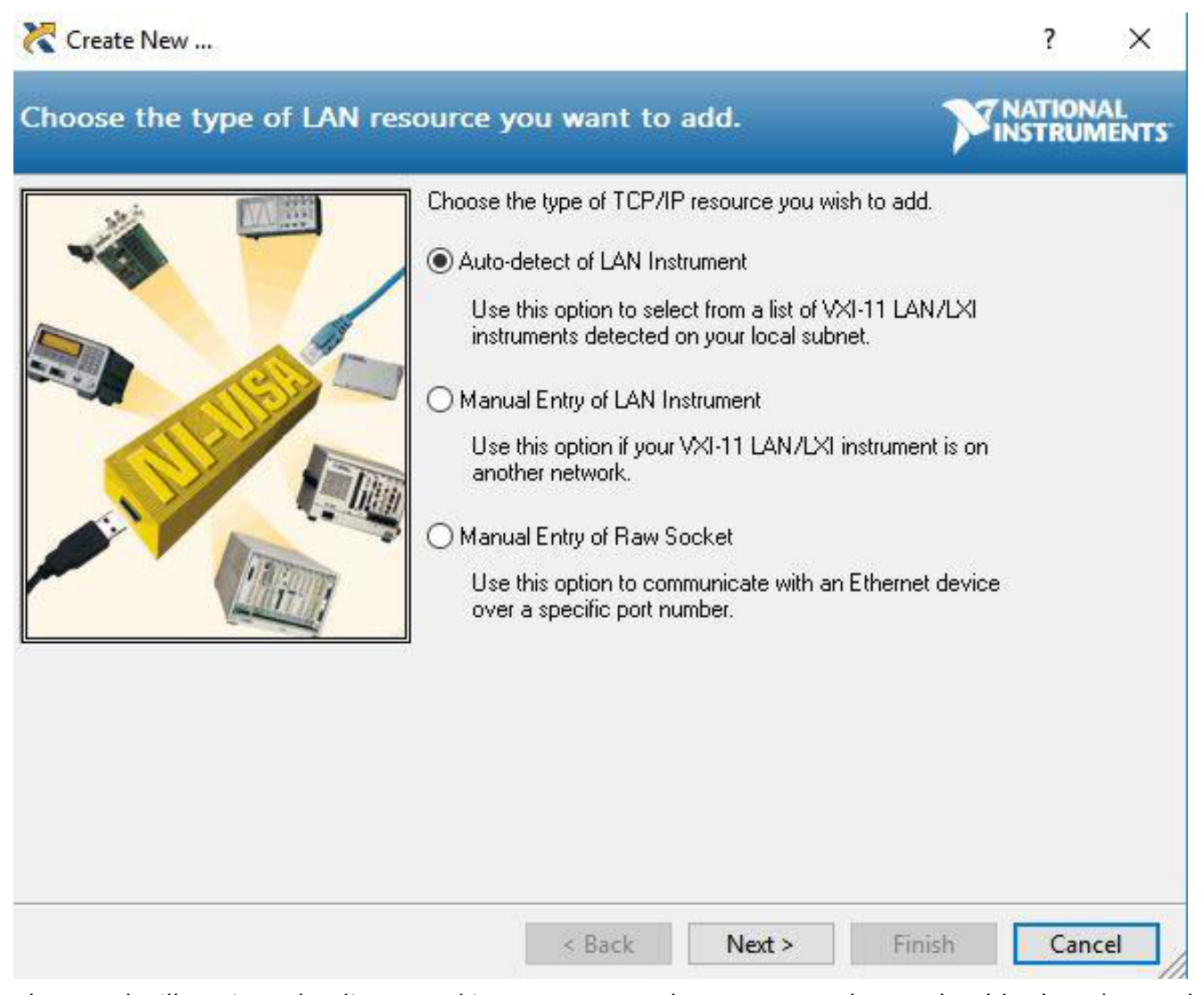 Choose TCP/IP resource type, Auto-detect of LAN Instrument
