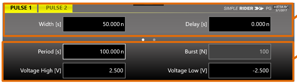 SimpleRider UI showing Pulse parameters and Output channel parameters