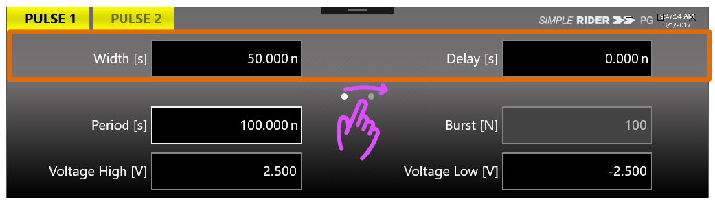 SimpleRider Pulse parameters area showing Width and Delay