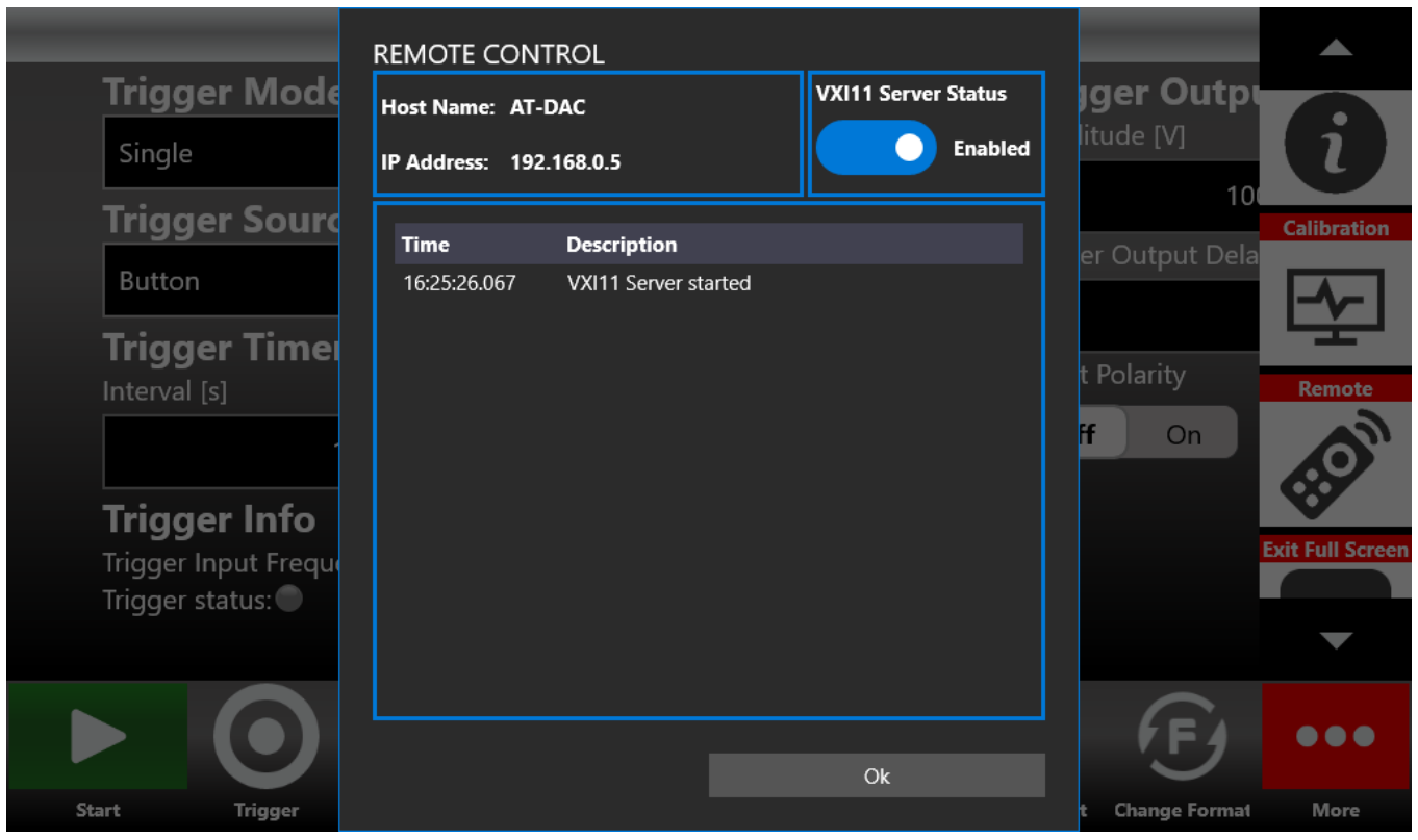 Remote Control page with VXI11 server status
