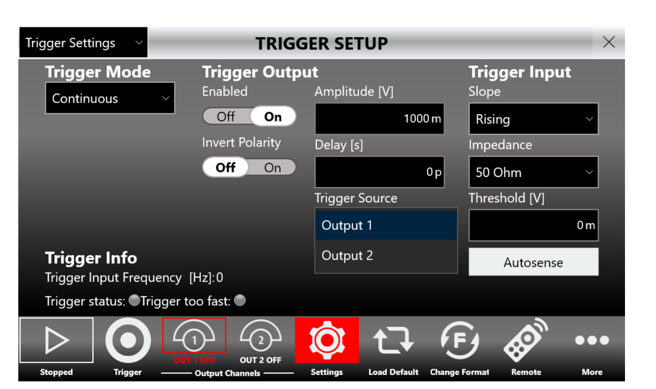 SimpleRider Trigger Setup page in Continuous mode