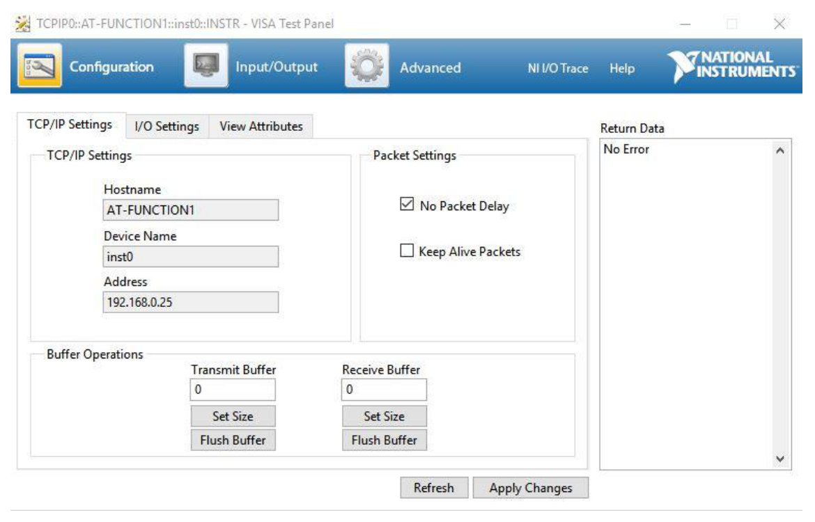 NI-VISA Test Panel TCP/IP settings