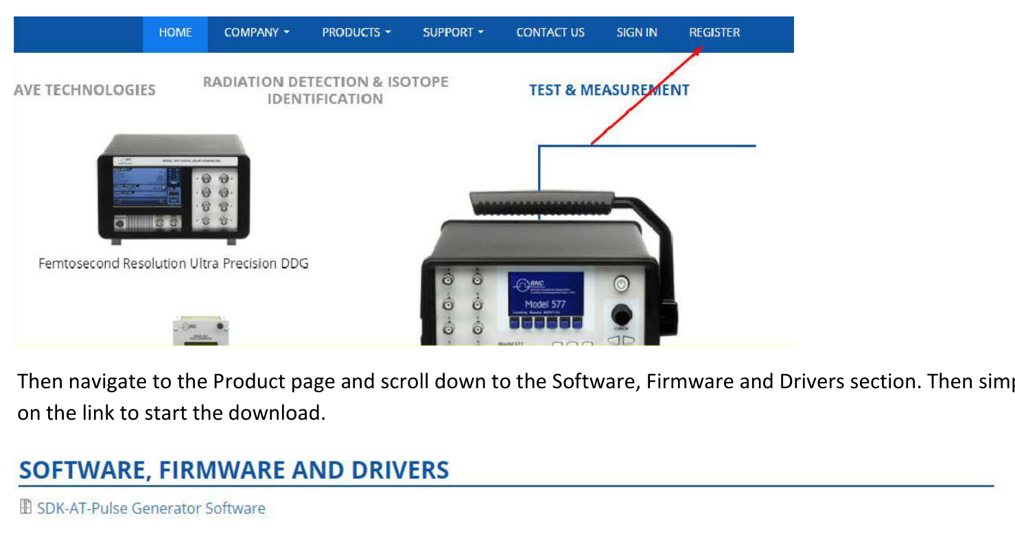 Berkeley Nucleonics website with Register button and Software, Firmware and Drivers section