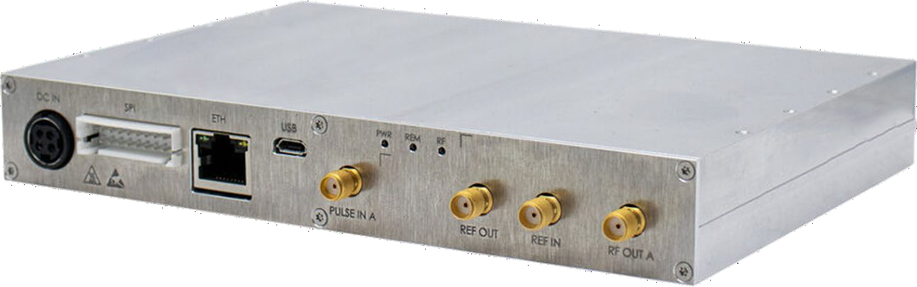 Model 805-SG compact microwave signal source module, showing the SPI/DC connector, Ethernet, USB, and SMA RF and reference ports