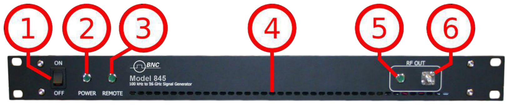 Model 845 1U front panel with numbered callouts