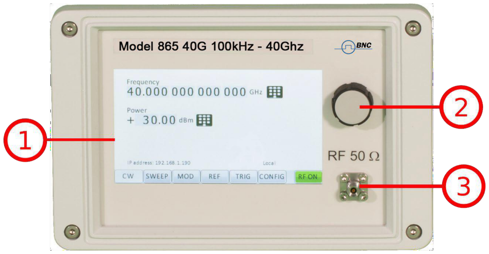 CPC touch-display front panel with numbered callouts: touch screen, rotary button, RF output