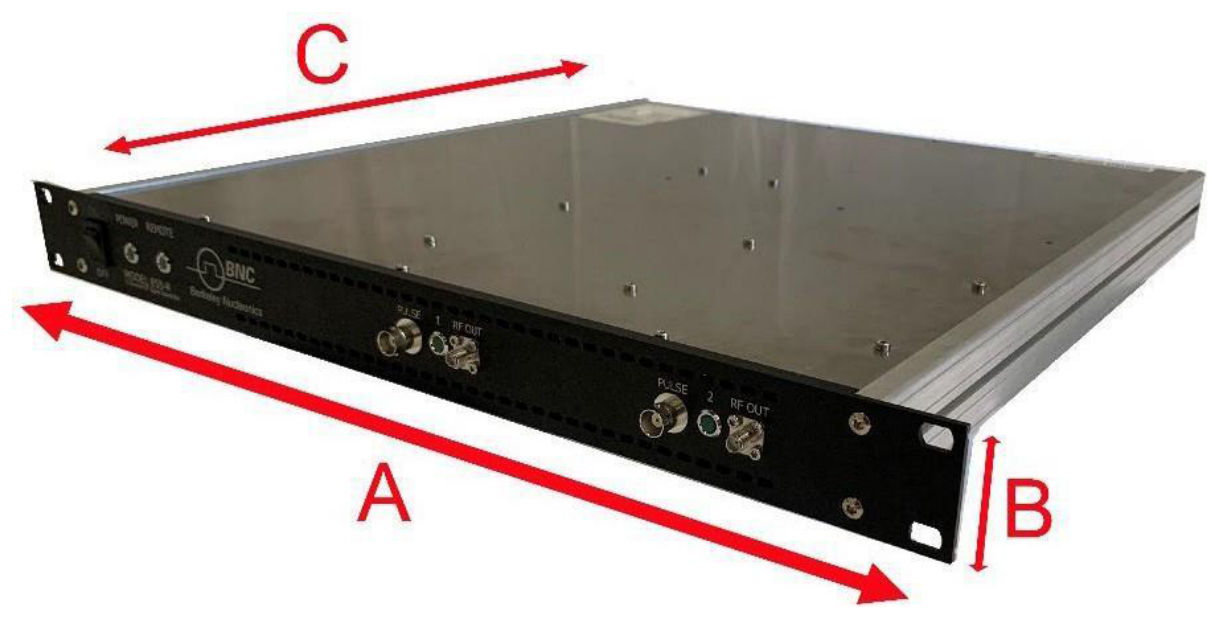 1U rack enclosure dimension drawing with A, B and C axes
