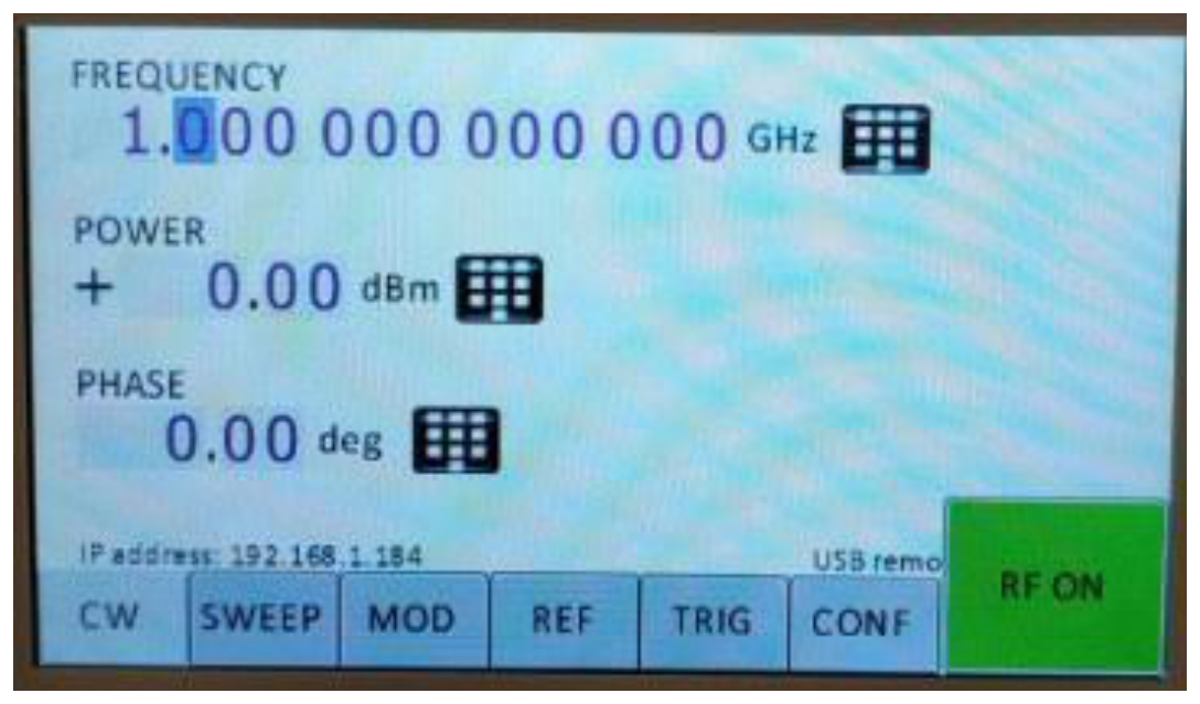Full CW screen showing frequency, power and phase entry fields with soft keys