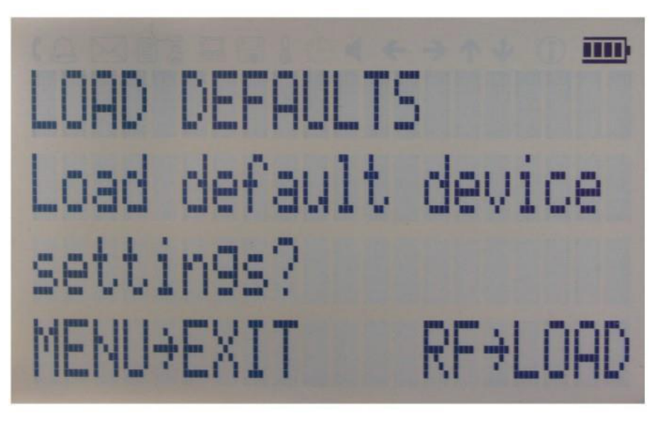 Load Defaults screen asking to load default device settings
