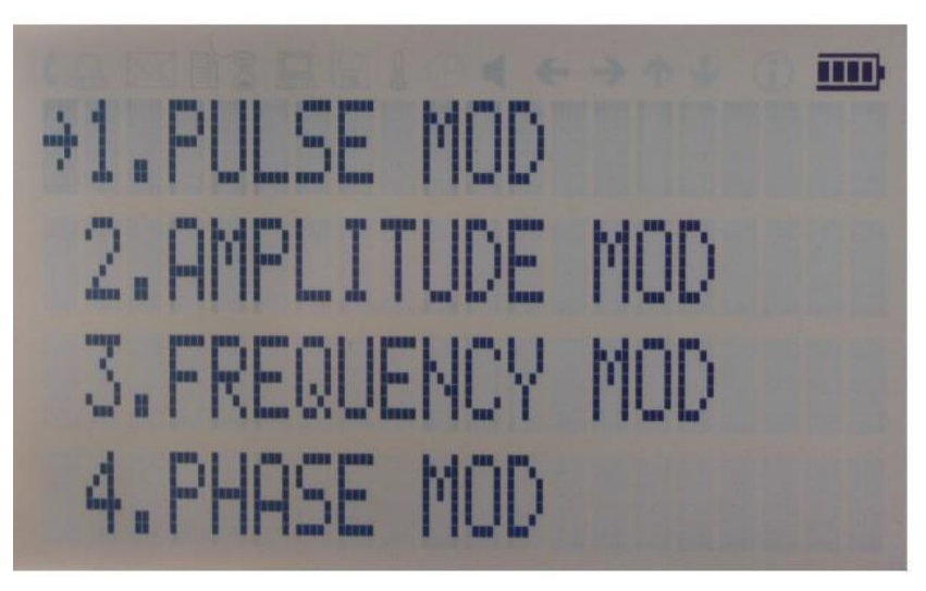 Modulation submenu listing Pulse Mod, Amplitude Mod, Frequency Mod and Phase Mod