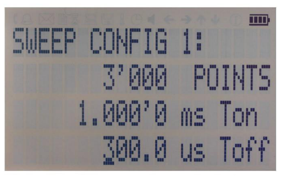 Sweep config 1 display showing number of points per sweep, on (dwell) time and off time