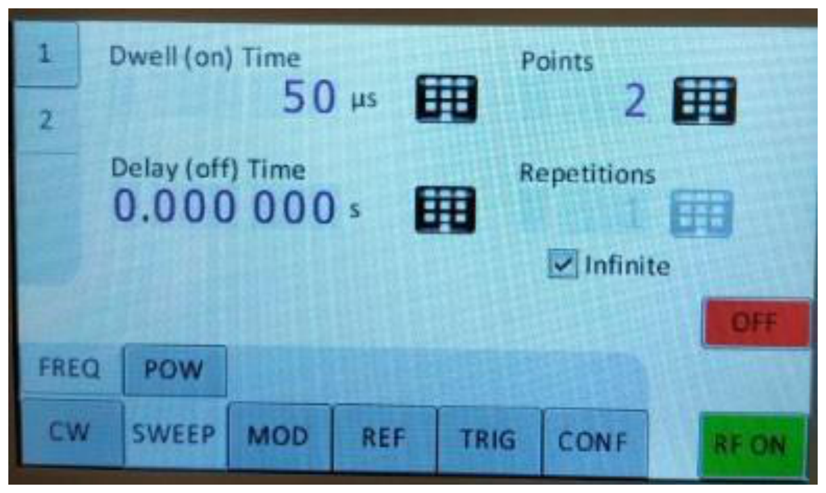 Sweep dwell screen showing dwell (on) time, delay (off) time, points and repetitions with infinite checkbox