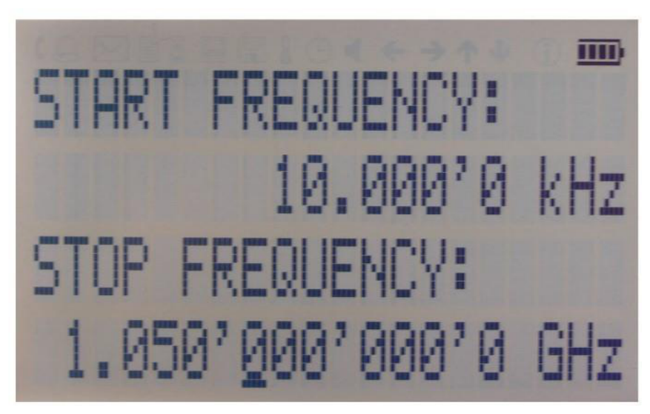 Front panel sweep display showing start frequency and stop frequency