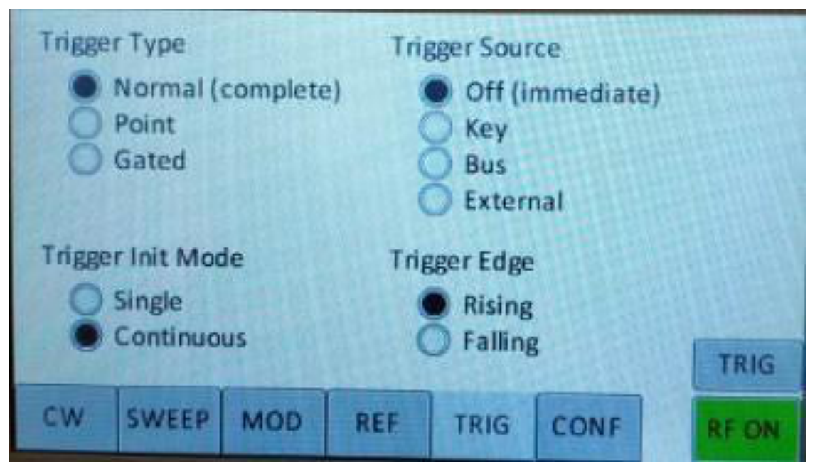 Trigger submenu with Trigger Type Normal/Point/Gated, Trigger Source Off/Key/Bus/External, Trigger List Mode Single/Continuous, Trigger Edge Rising/Falling